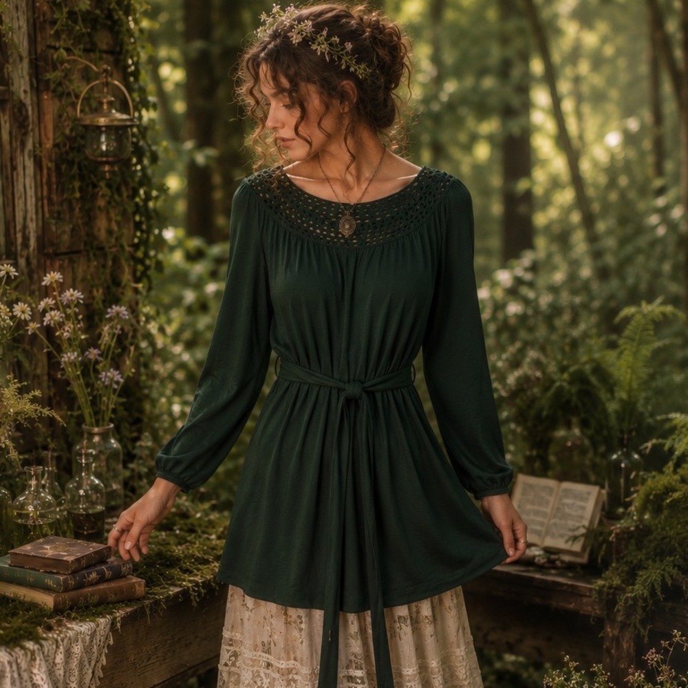 Banana Republic Forest Green Crochet Neck Belted Tunic Top Small‎ Cottagecore